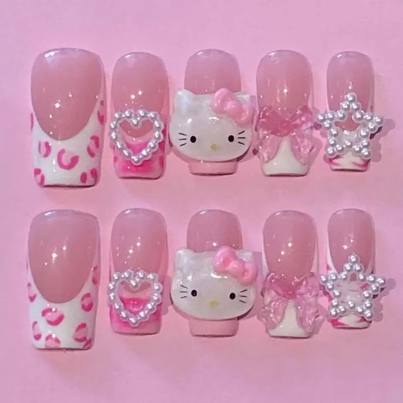 Y2K Pink Leopard Hello Kitty Nails